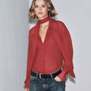 NWT Zara Geometric Patterned Tie-Neck Button Front Blouse In Red - M